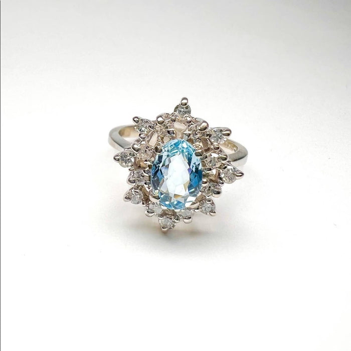 Aquamarine and Diamond Cluster Ring  10K White Gold