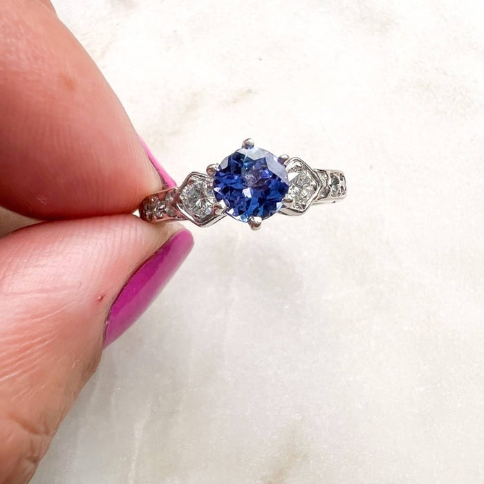 Tanzanite and Diamond Engagement Ring in 14K White Gold