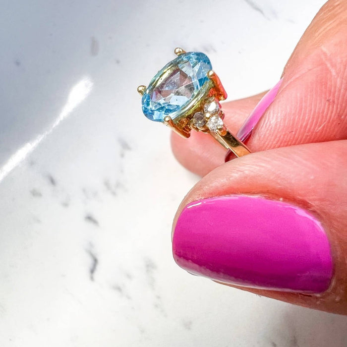 Swiss Blue Topaz and Diamond Ring in 14K Yellow Gold