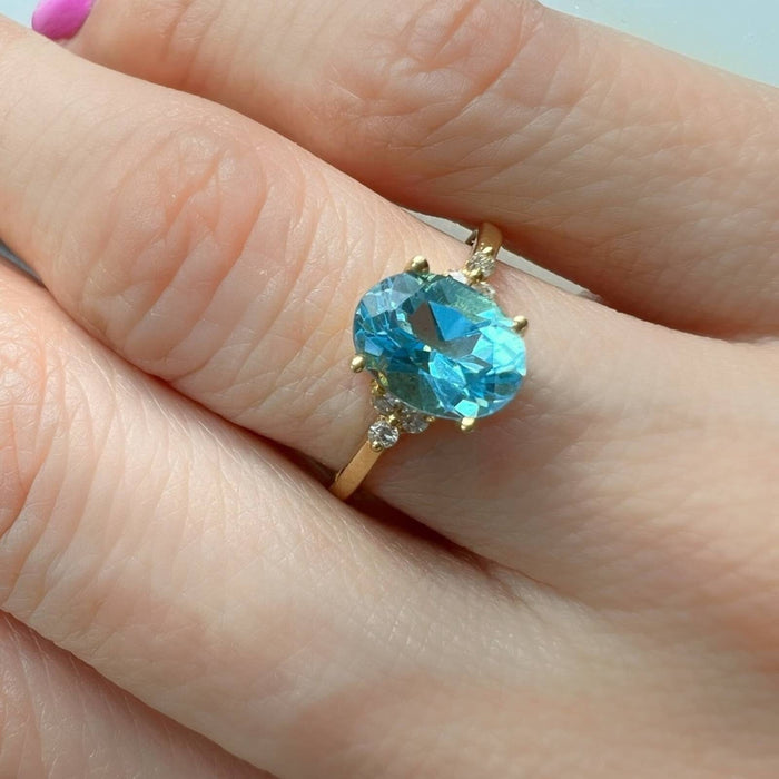 Swiss Blue Topaz and Diamond Ring in 14K Yellow Gold