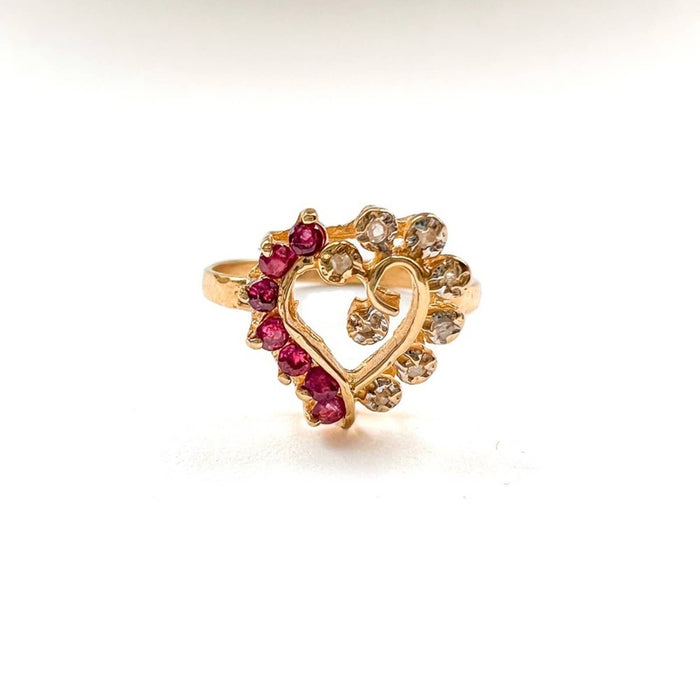 14K Yellow Gold Ruby and Diamond Open Heart Vintage Ring