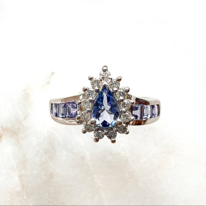 14K White Gold Pear Shape Tanzanite and Diamond Cluster Vintage Ring