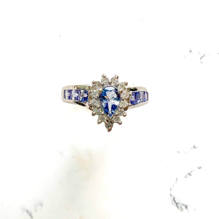 14K White Gold Pear Shape Tanzanite and Diamond Cluster Vintage Ring