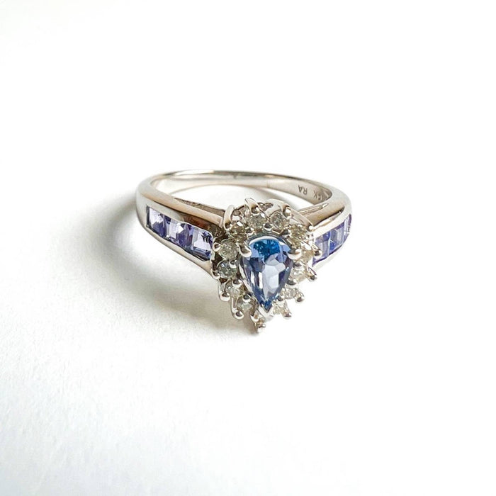 14K White Gold Pear Shape Tanzanite and Diamond Cluster Vintage Ring