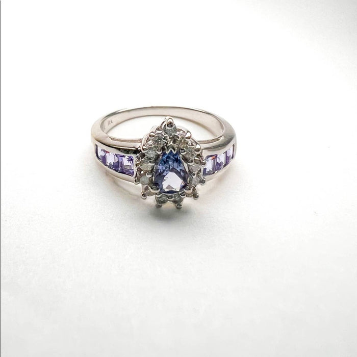 14K White Gold Pear Shape Tanzanite and Diamond Cluster Vintage Ring