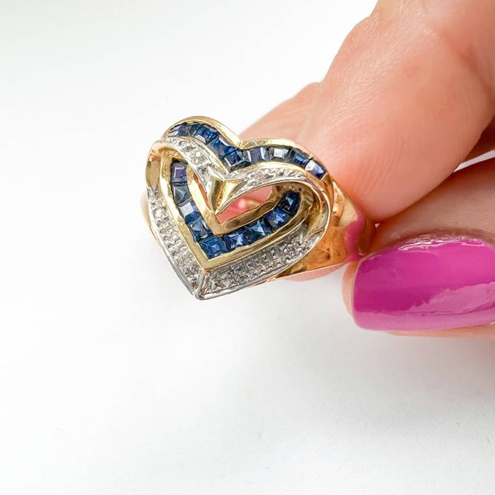 14k Yellow Gold Vintage Heart Shaped Sapphire and Diamond Ring