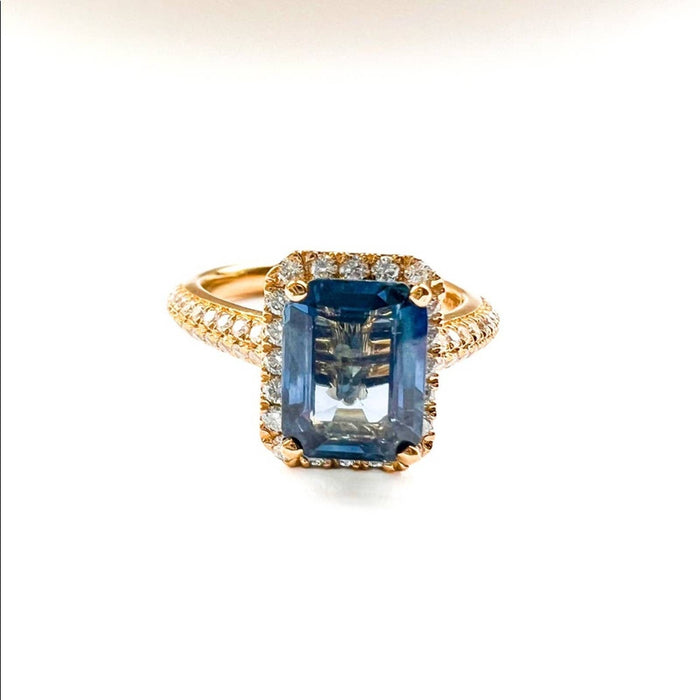 Emerald-Cut Blue Sapphire Engagement Ring  Diamond Halo Ring in 14k Yellow Gold