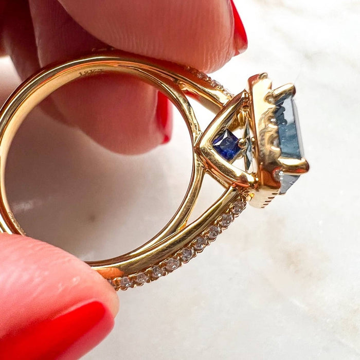 Emerald-Cut Blue Sapphire Engagement Ring  Diamond Halo Ring in 14k Yellow Gold