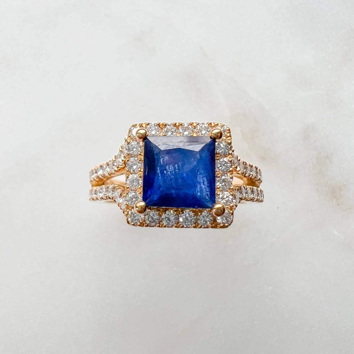 Princess Cut Blue Sapphire and Diamond Halo Ring in 14K Yellow Gold