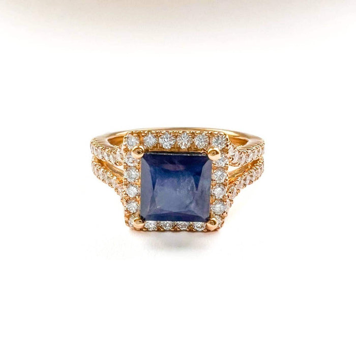 Princess Cut Blue Sapphire and Diamond Halo Ring in 14K Yellow Gold