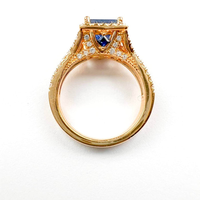 Princess Cut Blue Sapphire and Diamond Halo Ring in 14K Yellow Gold