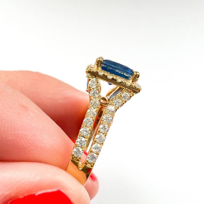 Princess Cut Blue Sapphire and Diamond Halo Ring in 14K Yellow Gold