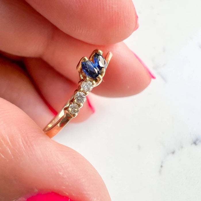 Marquise Blue Sapphire and Diamond Vintage Ring in 14K Gold