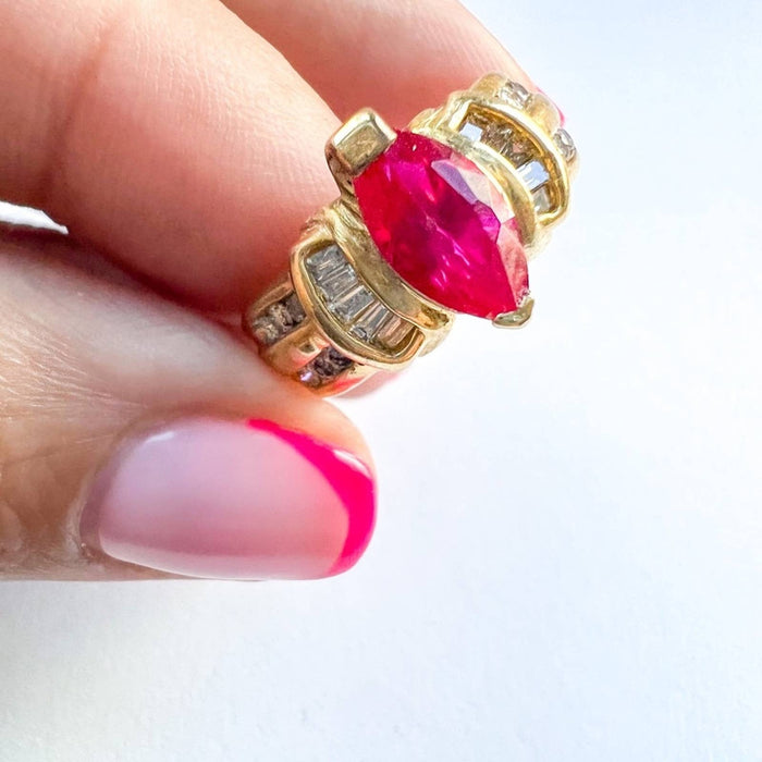 14K Yellow Gold Marquise Ruby Diamond Vintage Ring