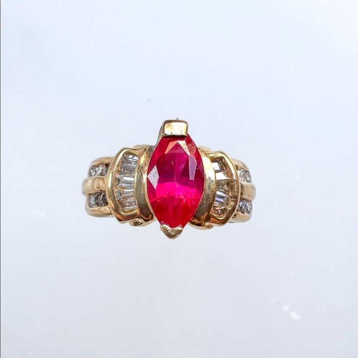 14K Yellow Gold Marquise Ruby Diamond Vintage Ring