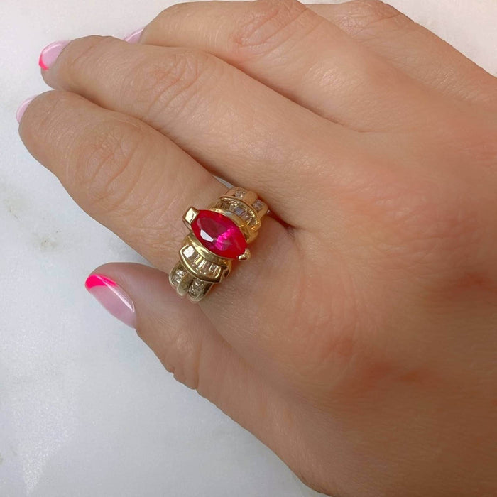 14K Yellow Gold Marquise Ruby Diamond Vintage Ring