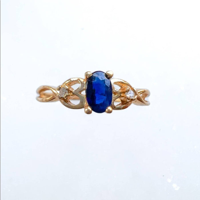 14K Yellow Gold Sapphire Diamond Cluster Vintage Ring