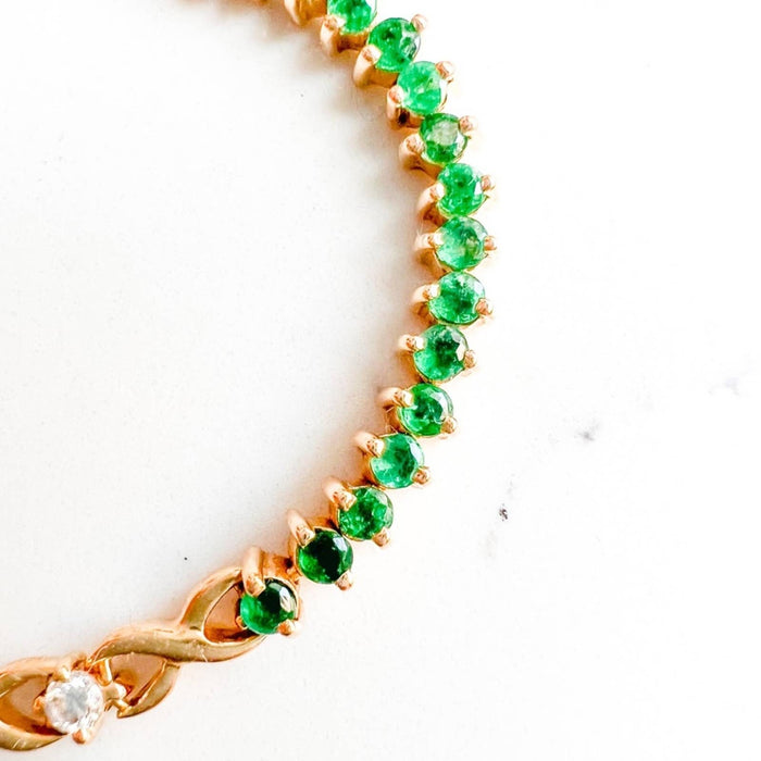 18K Yellow Gold Emerald and Diamond Tennis Vintage Bracelet