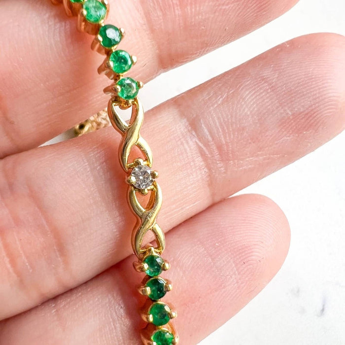 18K Yellow Gold Emerald and Diamond Tennis Vintage Bracelet