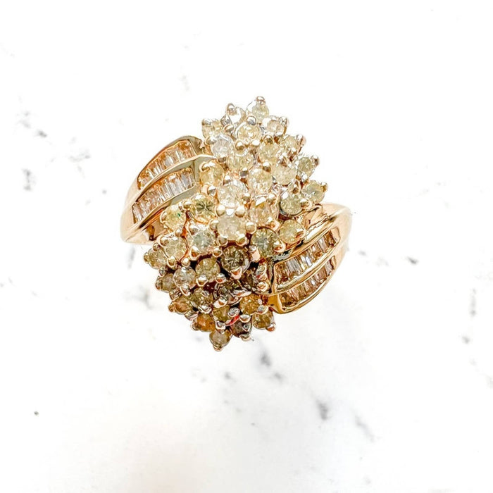 14k Yellow Gold Baguette and Round Diamond Vintage Cocktail Ring