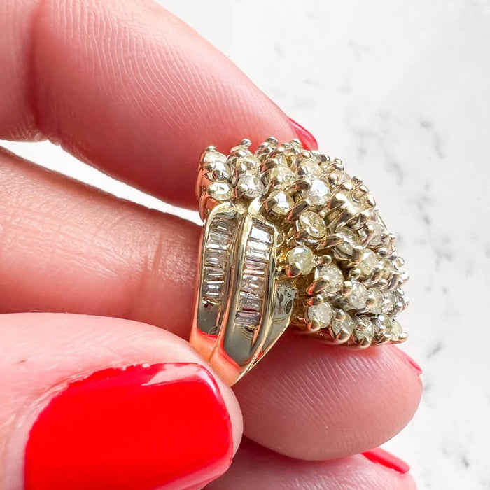 14k Yellow Gold Baguette and Round Diamond Vintage Cocktail Ring