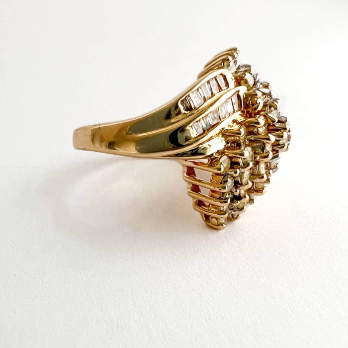 14k Yellow Gold Baguette and Round Diamond Vintage Cocktail Ring