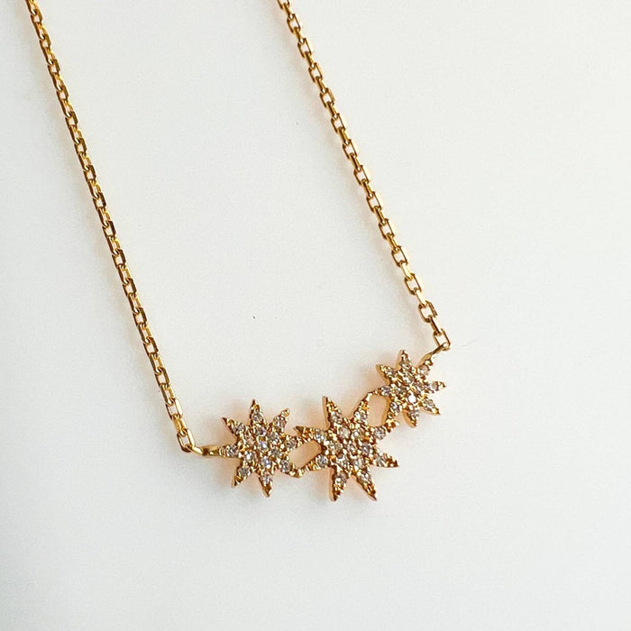 14K Yellow Gold and Diamond Three Star Pendant Necklace