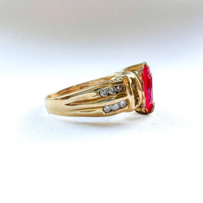 14K Yellow Gold Marquise Ruby Diamond Vintage Ring