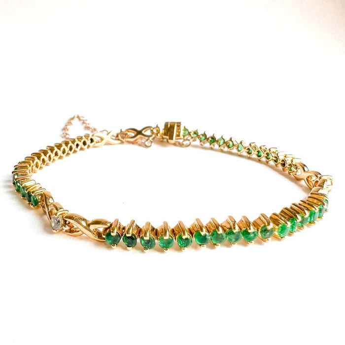 18K Yellow Gold Emerald and Diamond Tennis Vintage Bracelet