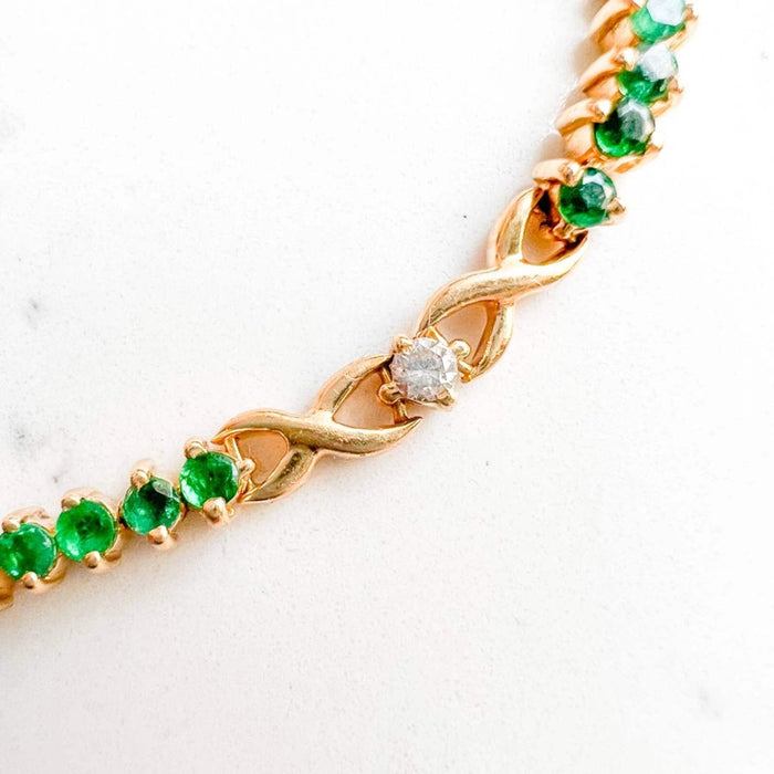 18K Yellow Gold Emerald and Diamond Tennis Vintage Bracelet