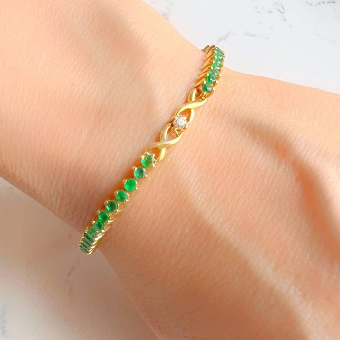 18K Yellow Gold Emerald and Diamond Tennis Vintage Bracelet