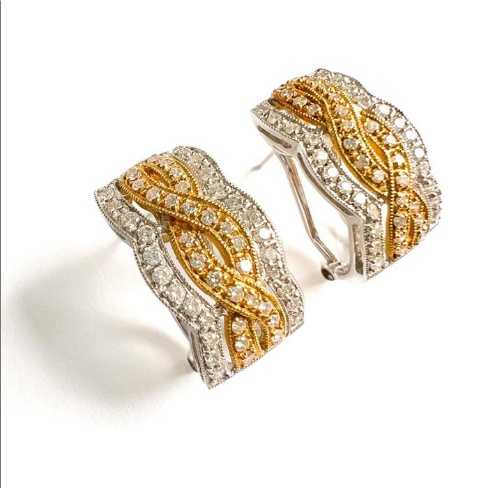 Diamond 18k Yellow Gold Multi-Row French Clip Curvy Hoop Earrings