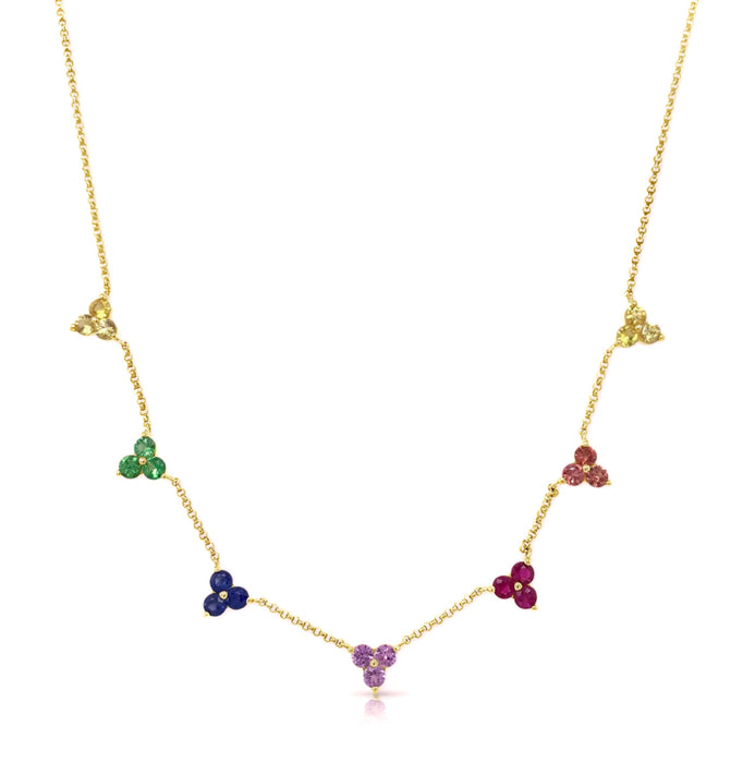 14K Yellow Gold Multi Rainbow Sapphire Station Necklace