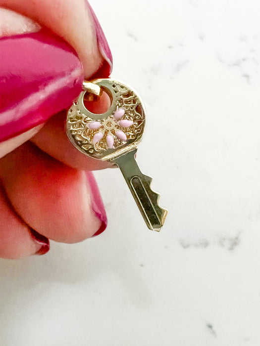 14K Yellow Gold Enamel Key Charm Pendant