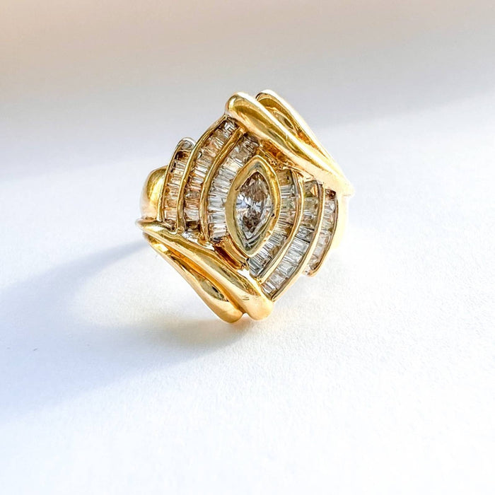 Vintage 14K Yellow Gold Marquise and Baguette Diamond Cocktail Ring