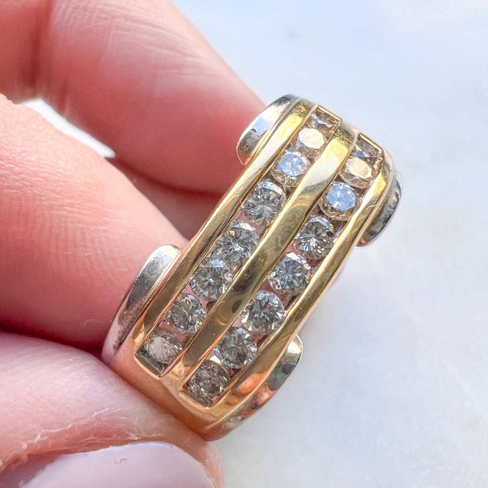 Vintage Diamond 14K Yellow White Gold Mens Band Ring