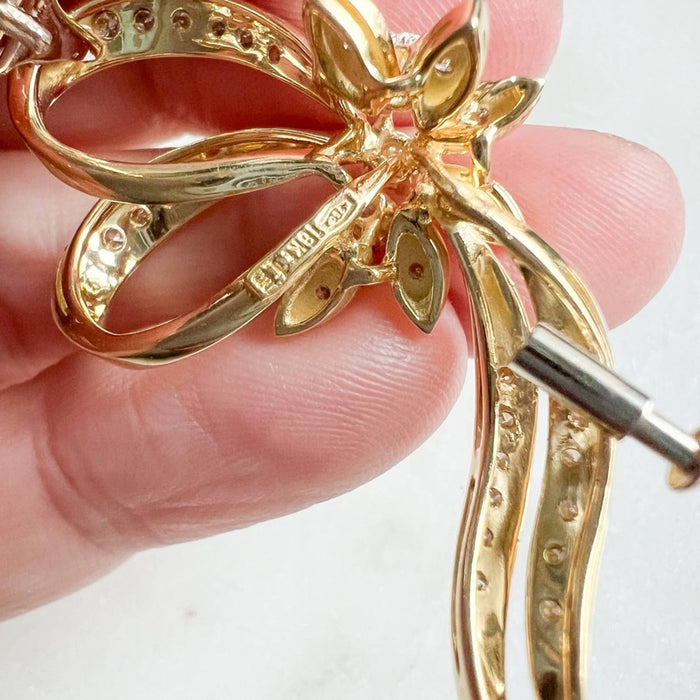 Vintage 14K Yellow Gold Diamond Ribbon Pin Brooch