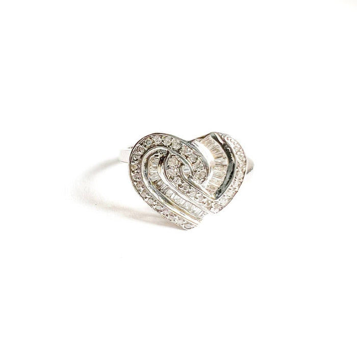 14k White Gold Baguette and Round Diamond Heart Ring