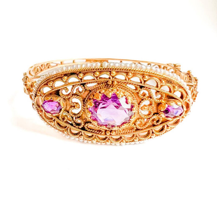 Antique Victorian Amethyst and Pearl Bangle Bracelet 14K Yellow Gold