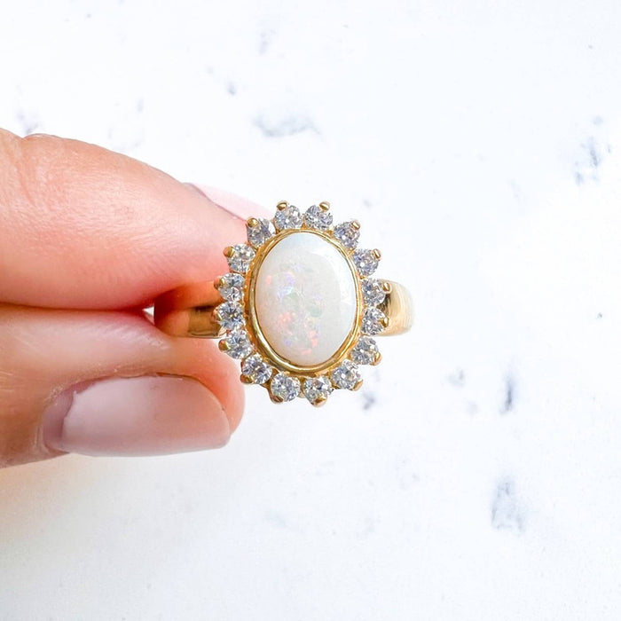 14K Yellow Gold Opal and Cubic Zirconia Halo Ring