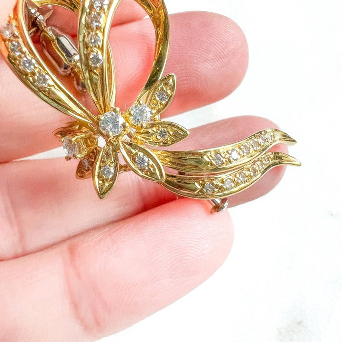 Vintage 14K Yellow Gold Diamond Ribbon Pin Brooch