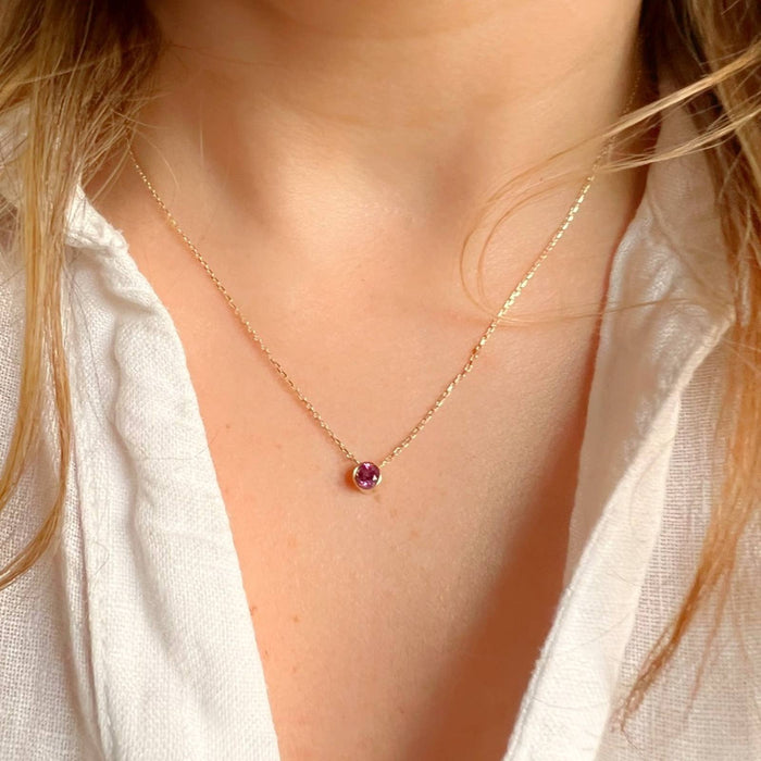 14K Yellow Gold Bezel Set Pink Tourmaline Necklace