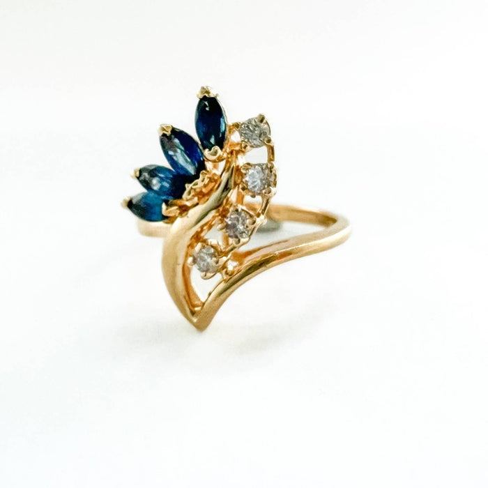 14K Yellow Gold Marquise Sapphires and Diamonds Cluster Cocktail Ring