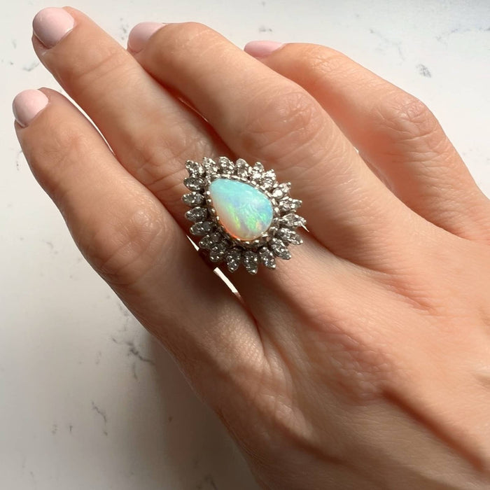 3 Carat Opal Diamond 14K White Gold Cocktail Ring