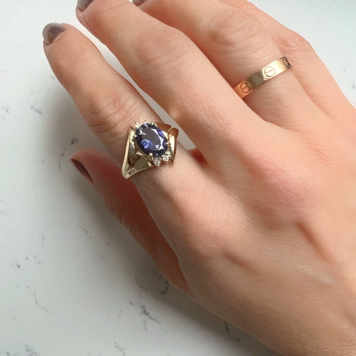 Vintage Tanzanite and Diamond Ring 14k Yellow Gold