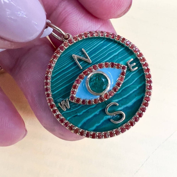 Malachite & Emerald Compass Evil Eye Charm Pendant 14k Gold