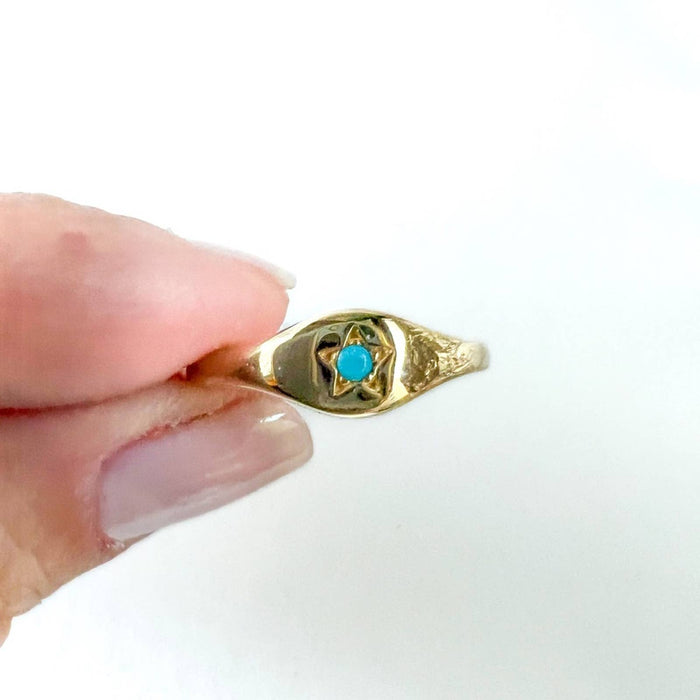 14K Yellow Gold Turquoise Star Dainty Signet Ring