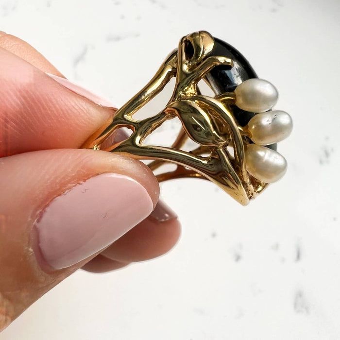 Vintage Onyx & Pearl Cocktail Ring 14K Yellow Gold