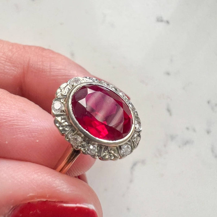 Antique Art Deco 14K Gold Red Garnet and Diamond Halo Ring