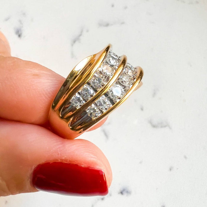 Vintage Two Row Diamond Ring 10K Yellow Gold